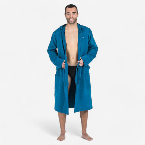 





Men's compact microfibre pool bathrobe with hood dark blue