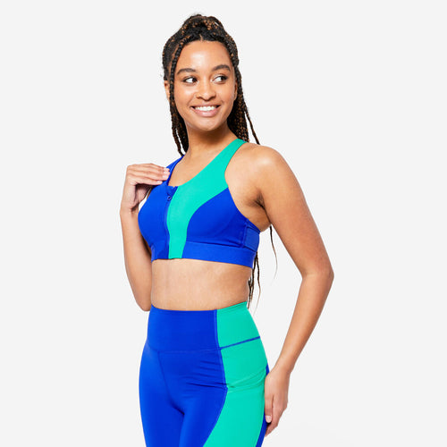 





Women's Medium-Support Zipped Sports Bra - Indigo Blue/Emerald Green